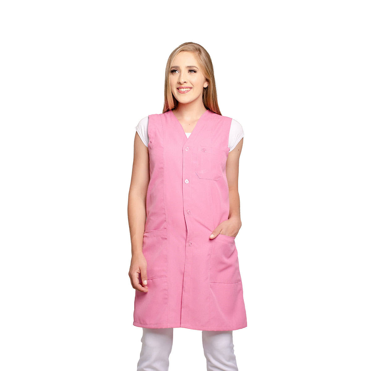 811037 - OFERTAS RELÂMPAGO - Jaleco Fem. Acinturado Tecido Oxford Sem Gola Sem Manga.