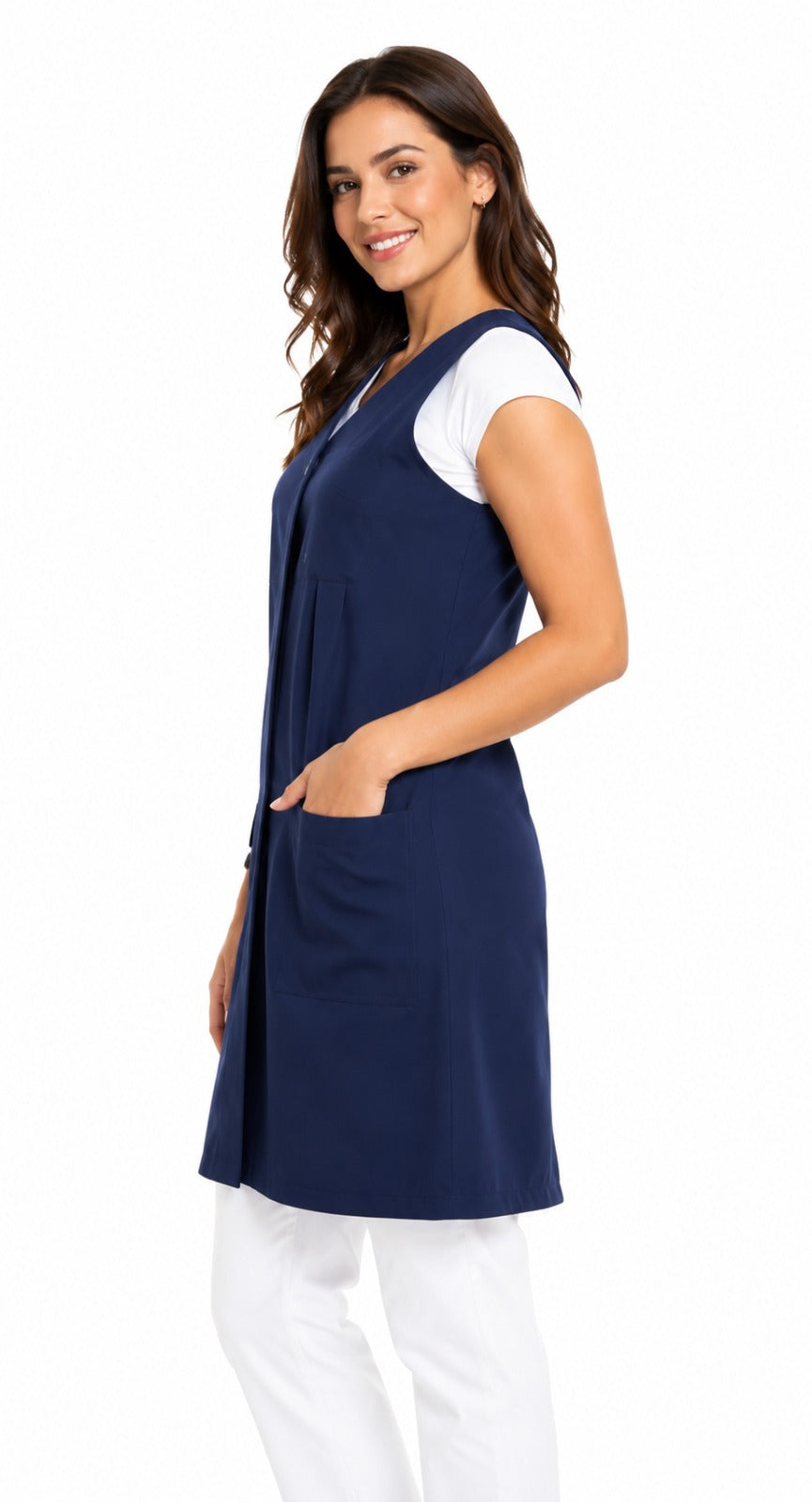811031 - OFERTAS RELÂMPAGO - Jaleco Fem. Acinturado Tecido Oxford Sem Gola Sem Manga.