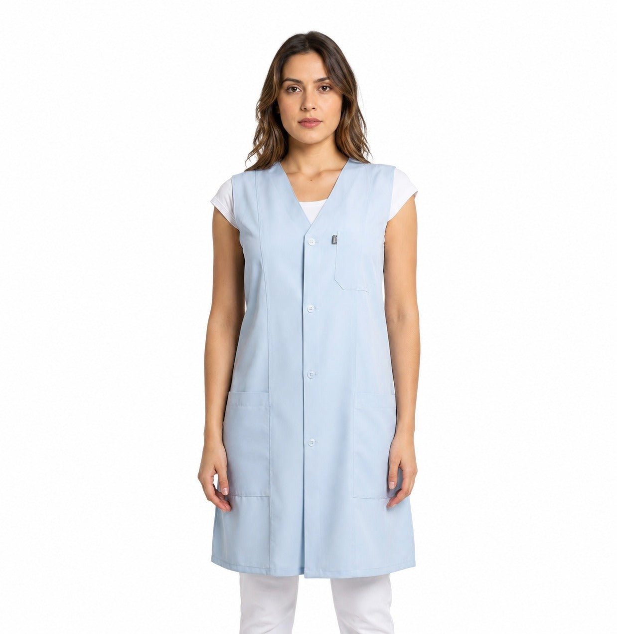 811031 - OFERTAS RELÂMPAGO - Jaleco Fem. Acinturado Tecido Oxford Sem Gola Sem Manga.