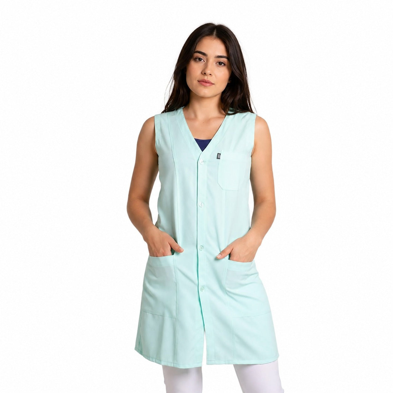 811031 - OFERTAS RELÂMPAGO - Jaleco Fem. Acinturado Tecido Oxford Sem Gola Sem Manga.