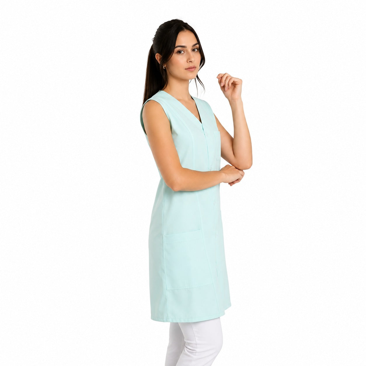 811031 - OFERTAS RELÂMPAGO - Jaleco Fem. Acinturado Tecido Oxford Sem Gola Sem Manga.