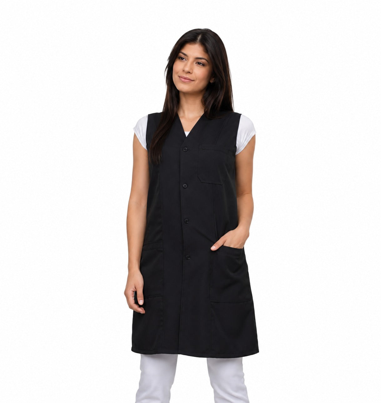 811033- OFERTAS RELÂMPAGO- Jaleco Fem. Acinturado Tecido Oxford Sem Gola Sem Manga.