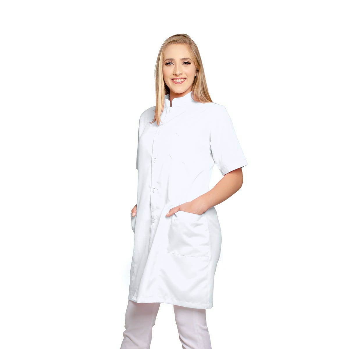 811084 - OFERTAS RELÂMPAGO - Jaleco Fem. Acinturado Tecido Oxford Gola Padre Manga Curta.