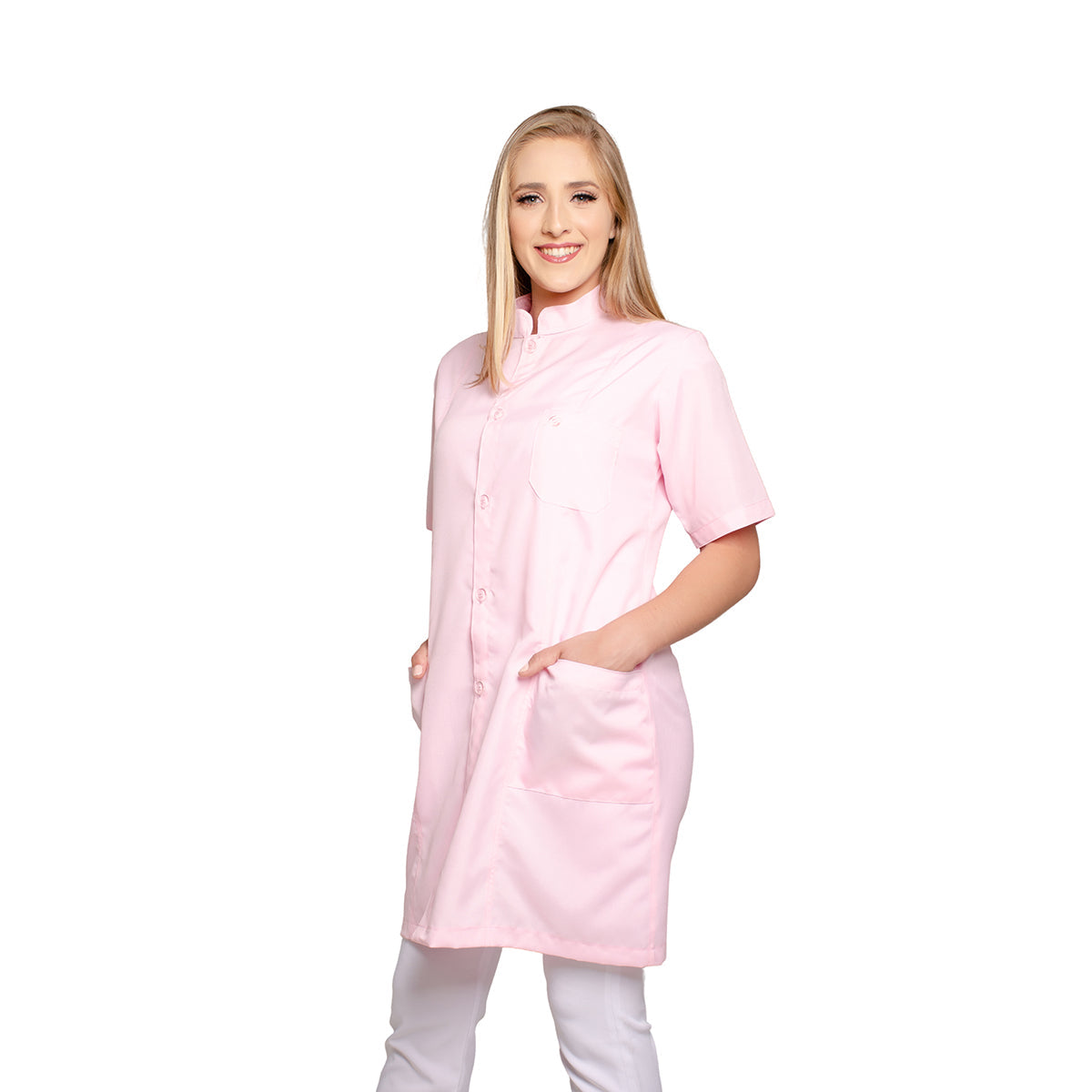 811084 - OFERTAS RELÂMPAGO - Jaleco Fem. Acinturado Tecido Oxford Gola Padre Manga Curta.