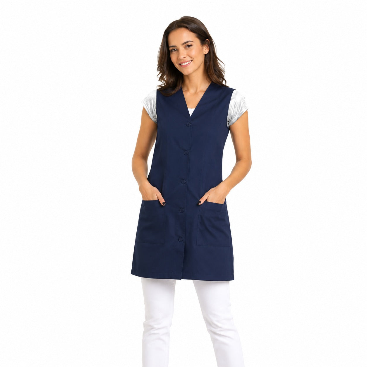 811031 - OFERTAS RELÂMPAGO - Jaleco Fem. Acinturado Tecido Oxford Sem Gola Sem Manga.