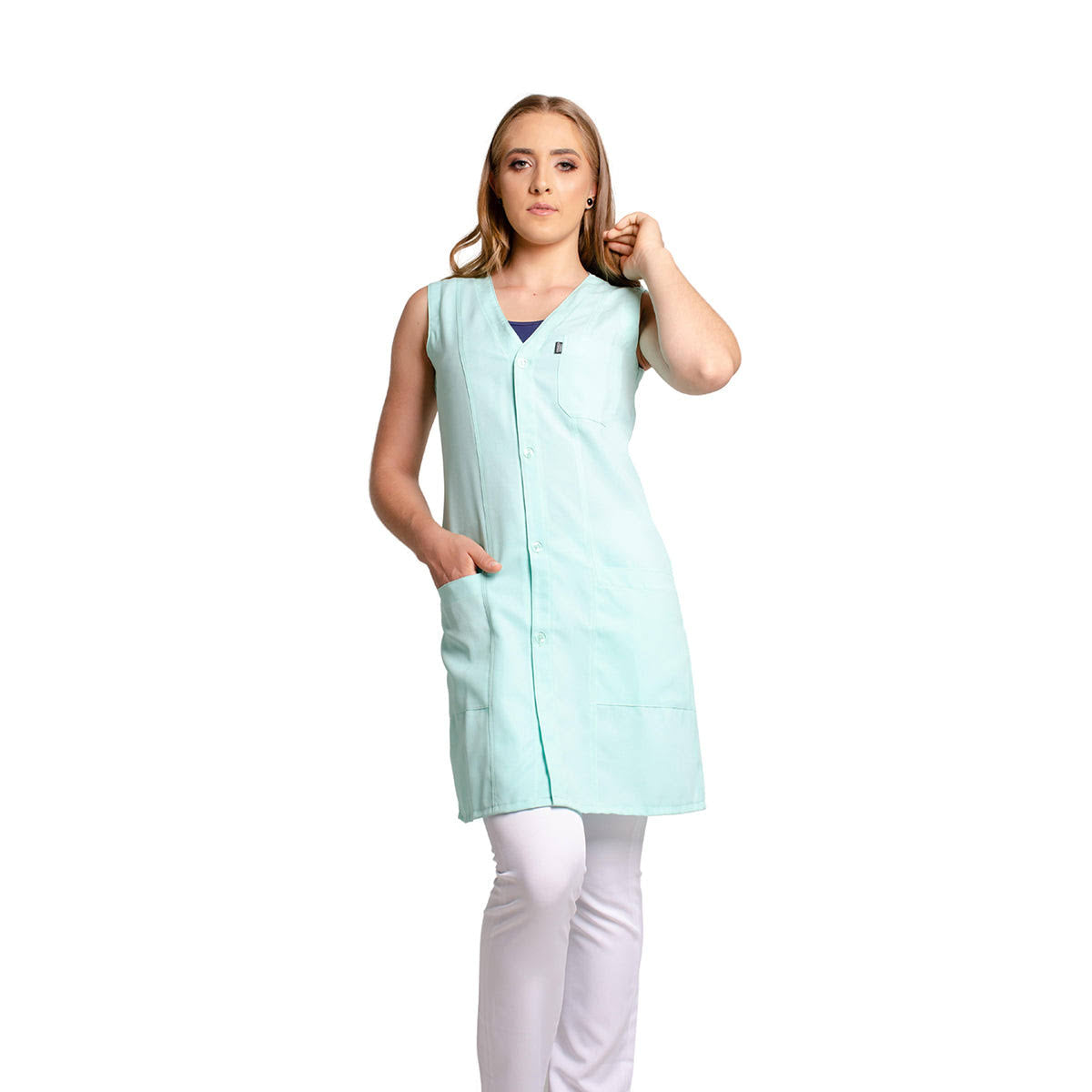 811031 - OFERTAS RELÂMPAGO - Jaleco Fem. Acinturado Tecido Oxford Sem Gola Sem Manga.