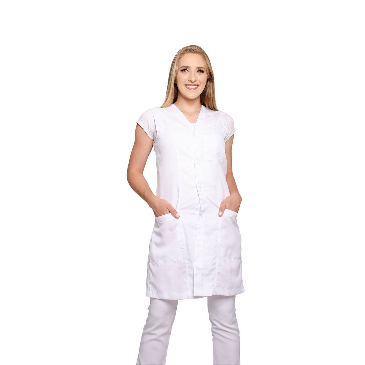 811033-  OFERTAS RELÂMPAGO- Jaleco Fem. Acinturado Tecido Oxford Sem Gola Sem Manga.