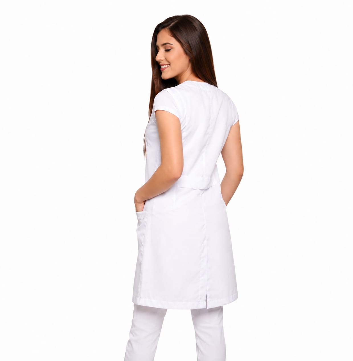 811033-  OFERTAS RELÂMPAGO- Jaleco Fem. Acinturado Tecido Oxford Sem Gola Sem Manga.