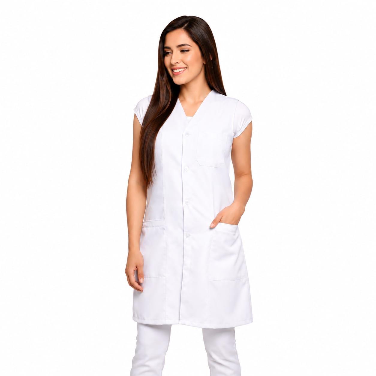 811033-  OFERTAS RELÂMPAGO- Jaleco Fem. Acinturado Tecido Oxford Sem Gola Sem Manga.