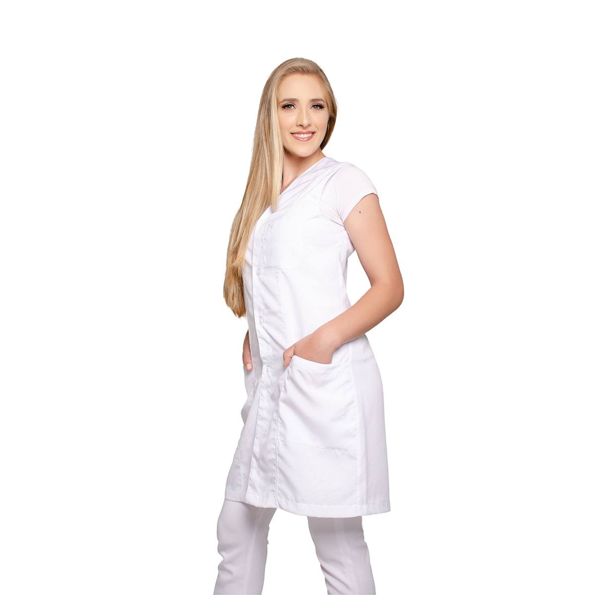 811033-  OFERTAS RELÂMPAGO- Jaleco Fem. Acinturado Tecido Oxford Sem Gola Sem Manga.