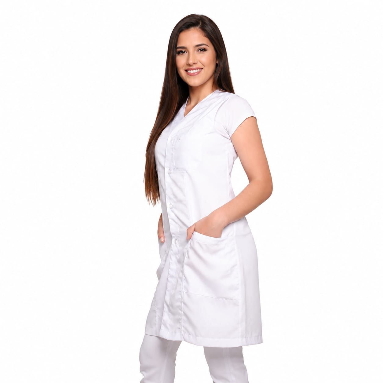 811033-  OFERTAS RELÂMPAGO- Jaleco Fem. Acinturado Tecido Oxford Sem Gola Sem Manga.