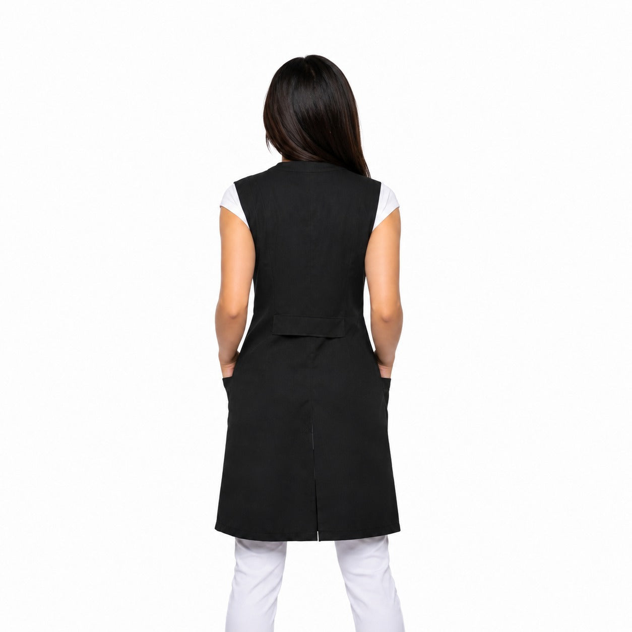 811033-  OFERTAS RELÂMPAGO- Jaleco Fem. Acinturado Tecido Oxford Sem Gola Sem Manga.