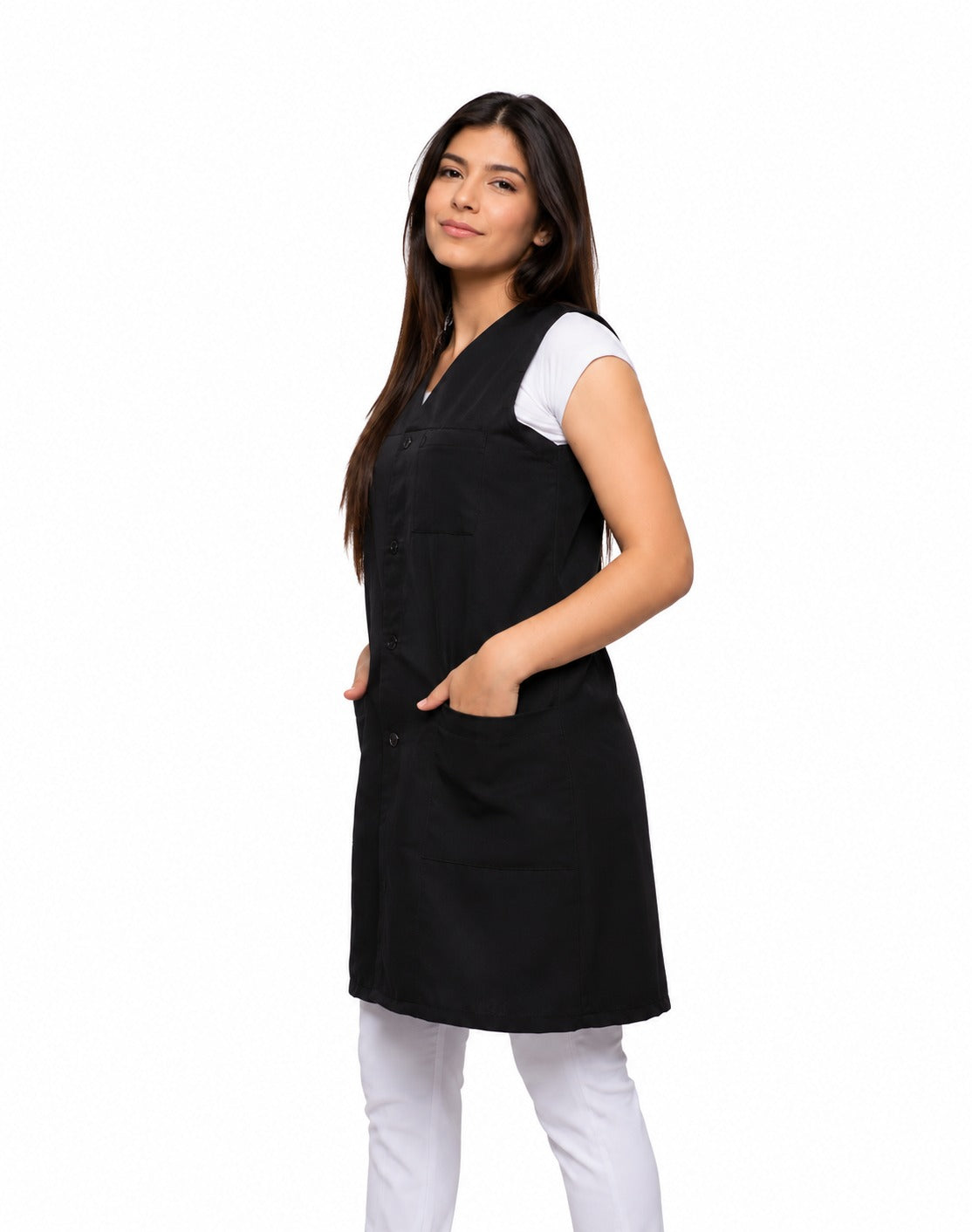 811033-  OFERTAS RELÂMPAGO- Jaleco Fem. Acinturado Tecido Oxford Sem Gola Sem Manga.