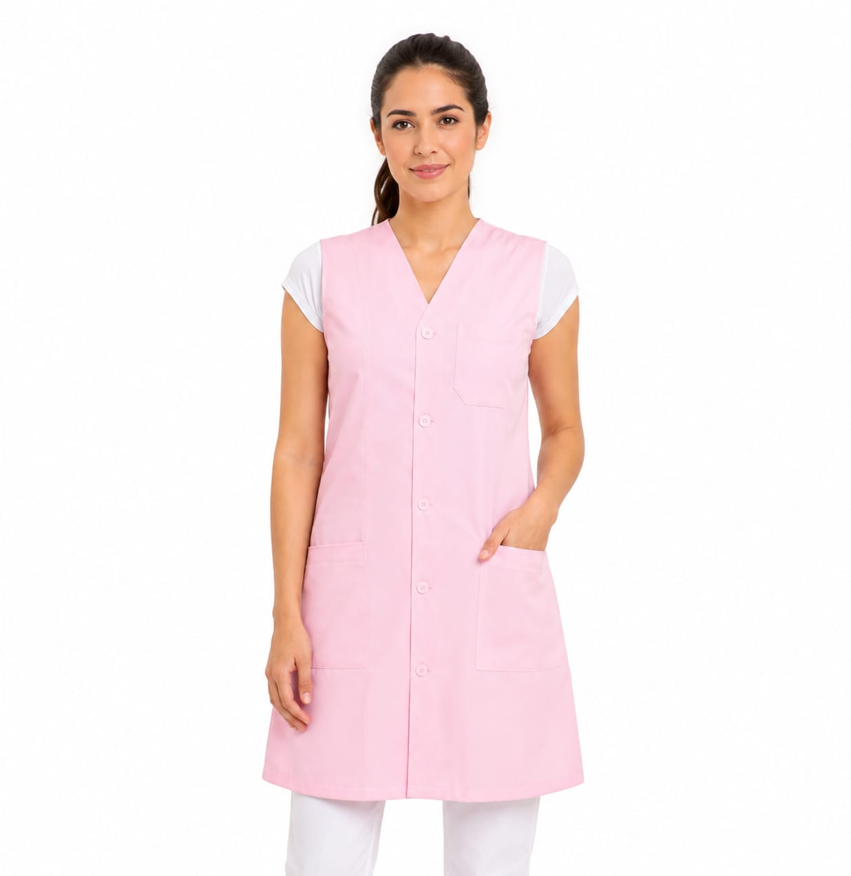 811033-  OFERTAS RELÂMPAGO- Jaleco Fem. Acinturado Tecido Oxford Sem Gola Sem Manga.