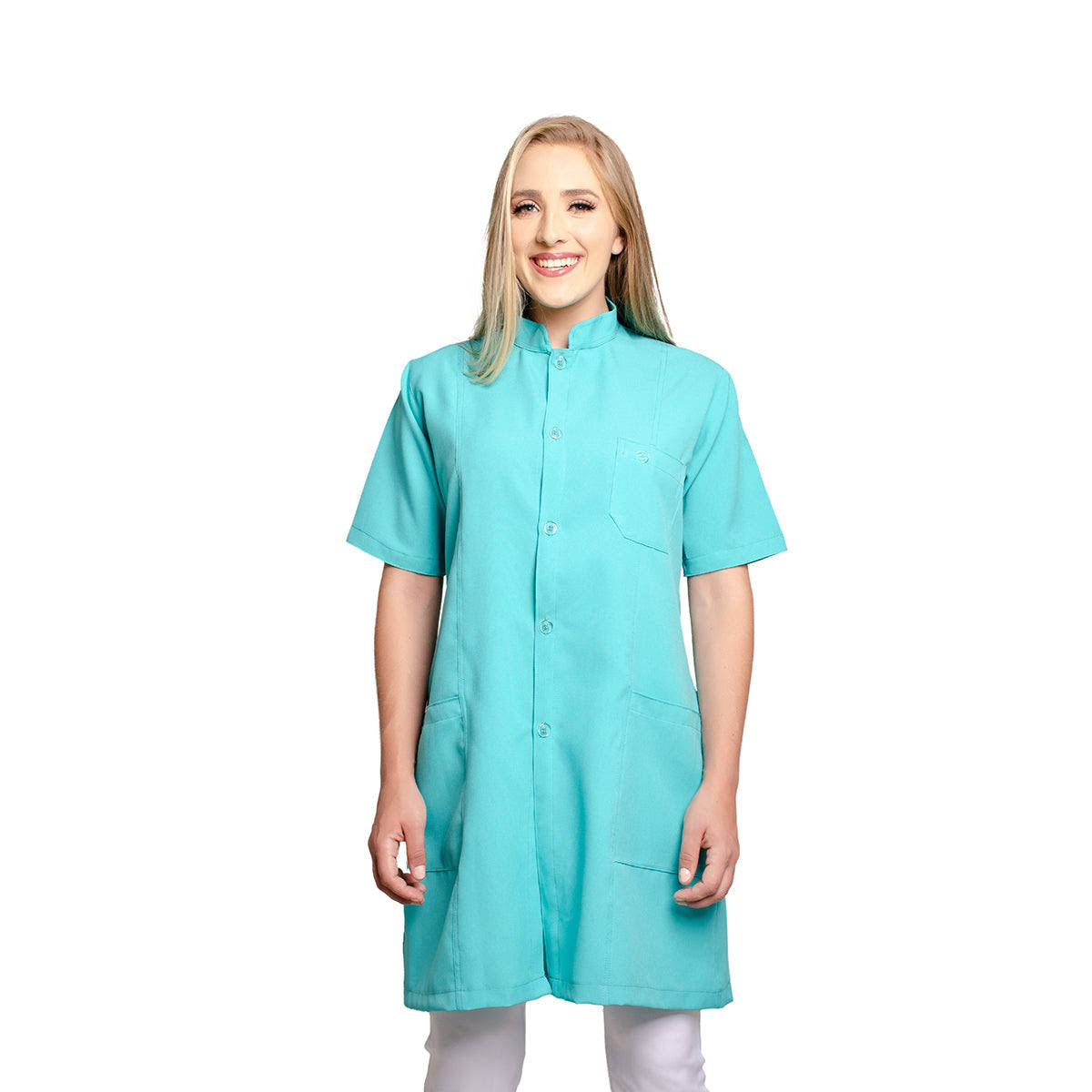811082 - OFERTAS RELÂMPAGO - Jaleco Fem. Acinturado Tecido Oxford Gola Padre Manga Curta.